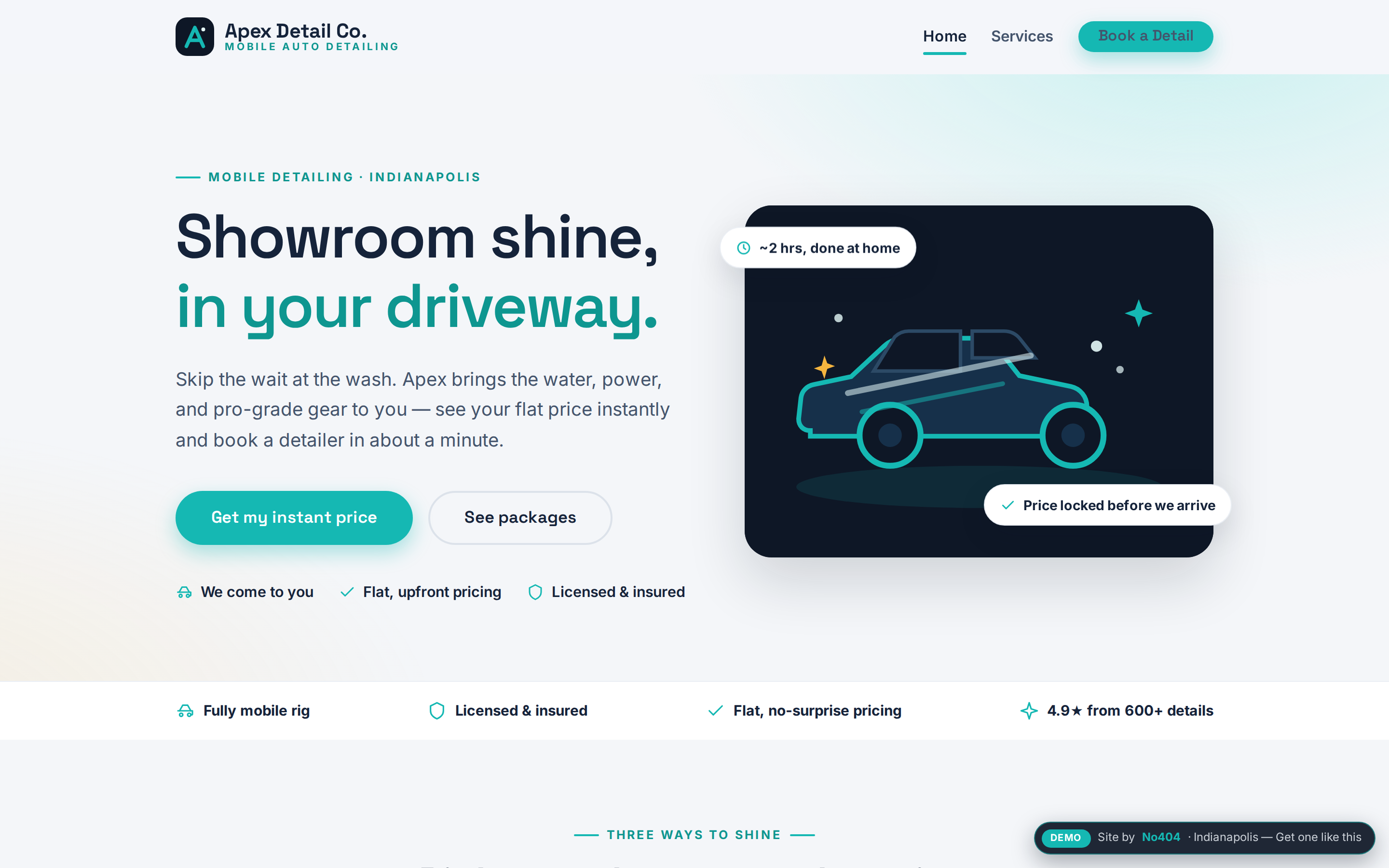 Indianapolis car detailing website demo with instant-price booking, vehicle-size pricing, and mobile slot scheduling