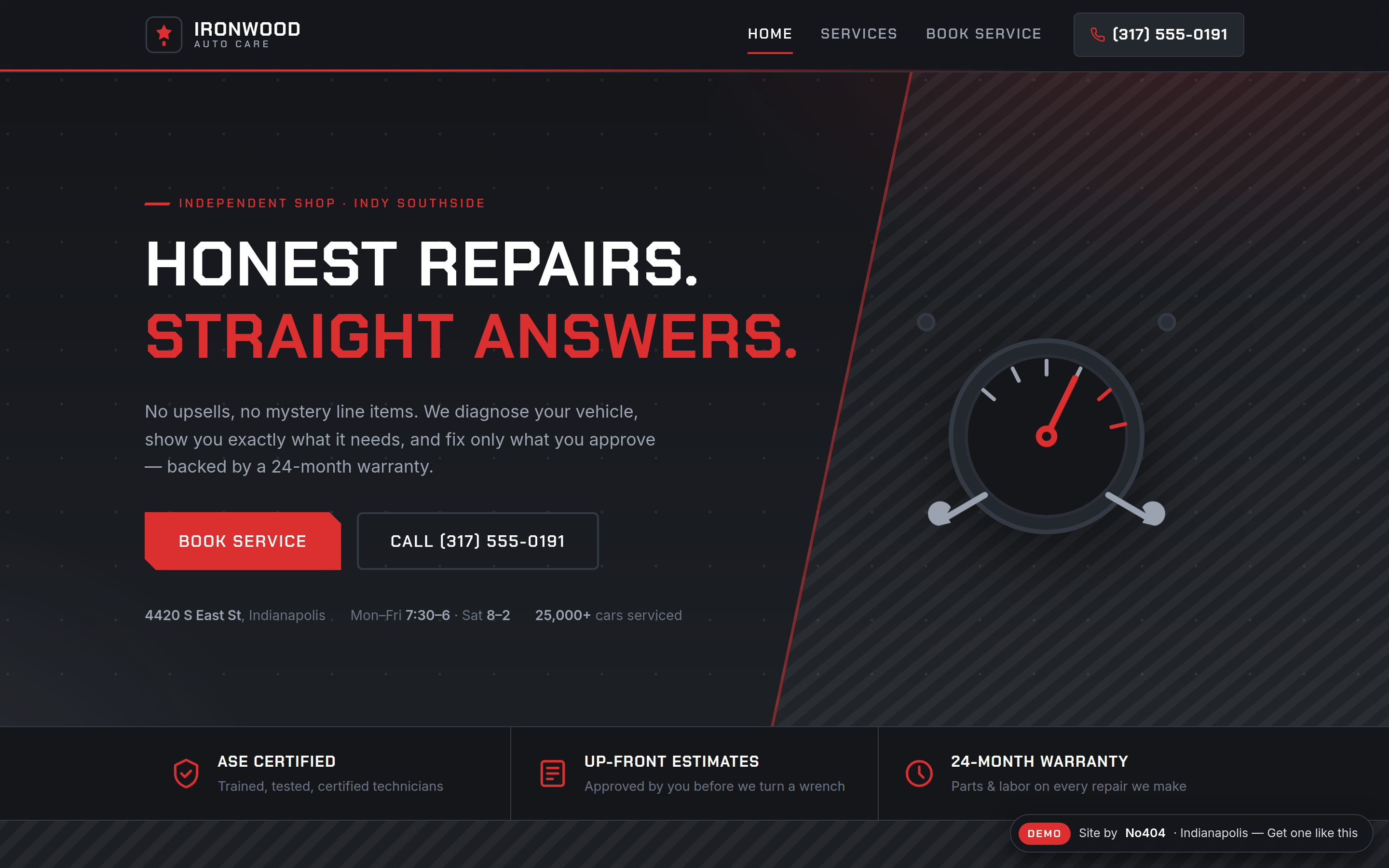 Indianapolis auto repair shop website demo with estimate requests, online service booking, and warranty messaging