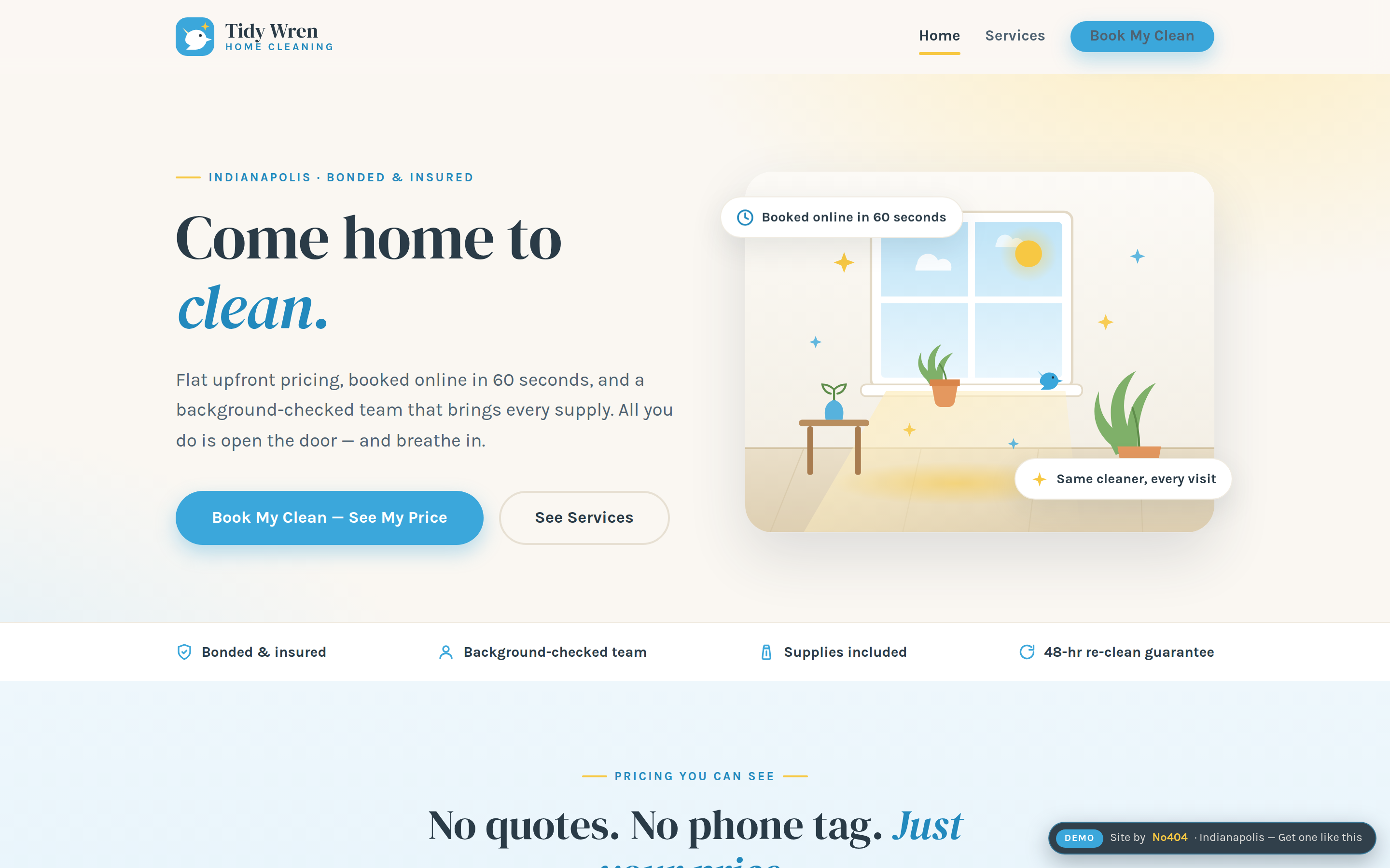 Indianapolis house cleaning company website demo with instant quote booking wizard, recurring plan discounts, and arrival-window scheduling