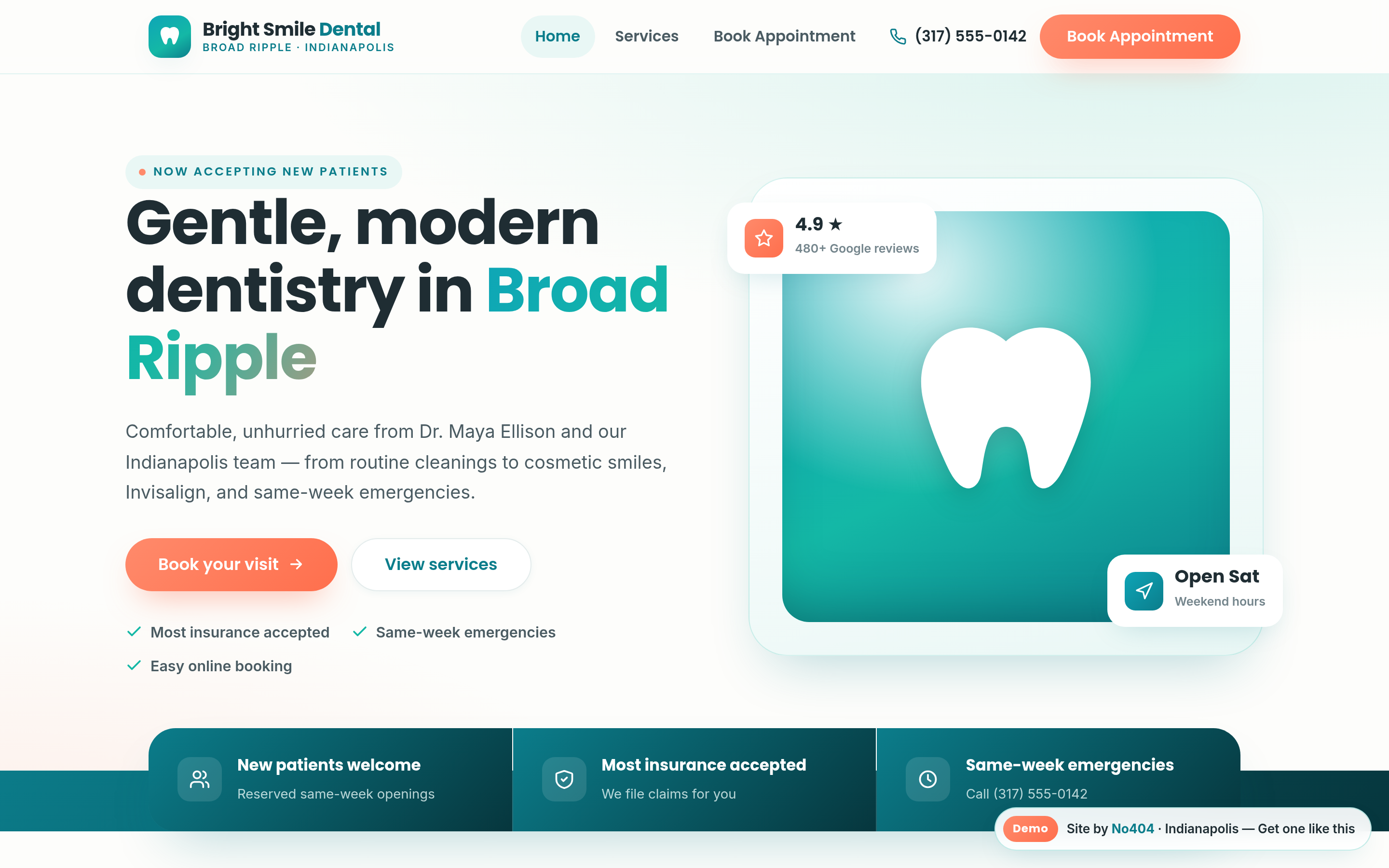 Indianapolis dental practice website demo with online booking, services, and reviews