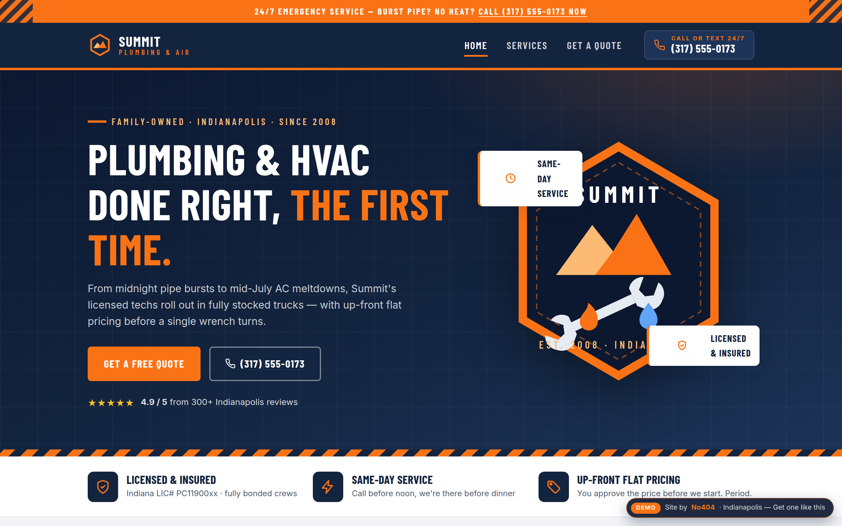 Indianapolis plumbing and HVAC company website demo with emergency call button, quote requests, and service-area pages