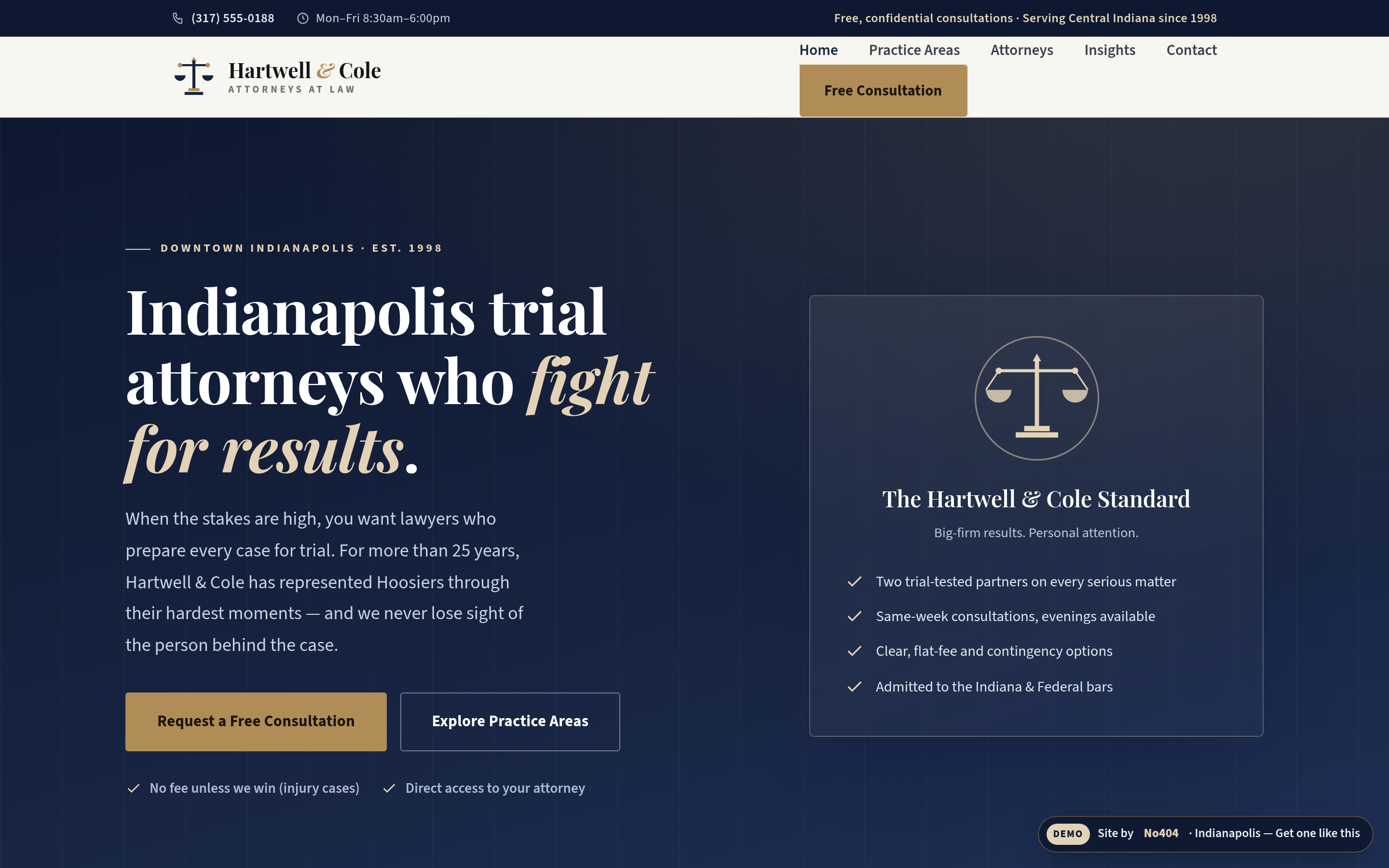 Indianapolis law firm website demo with practice areas, attorney bios, an Insights blog, and consultation intake