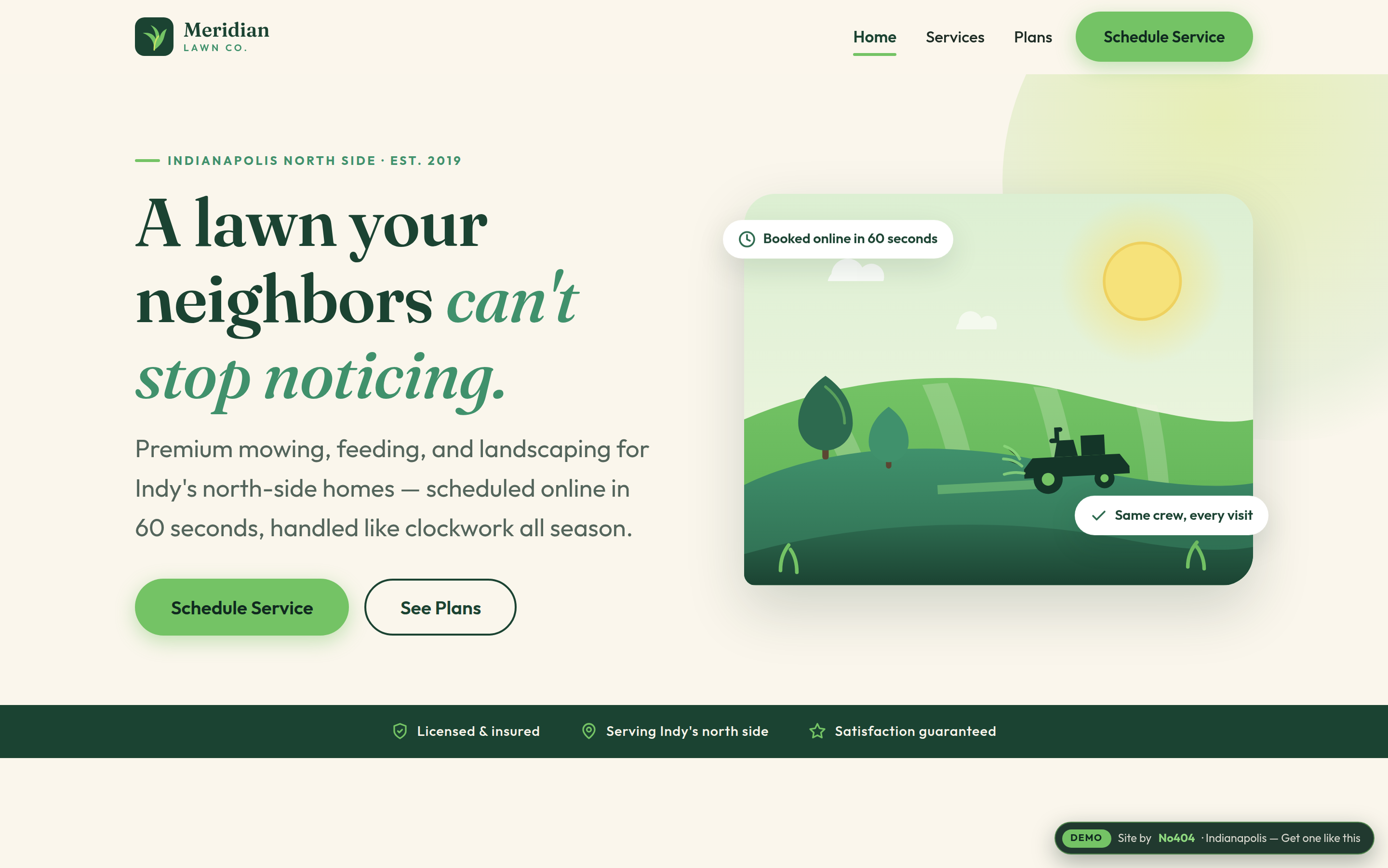 Indianapolis lawn care company website demo with online scheduling, recurring mowing plans, and service-area pages