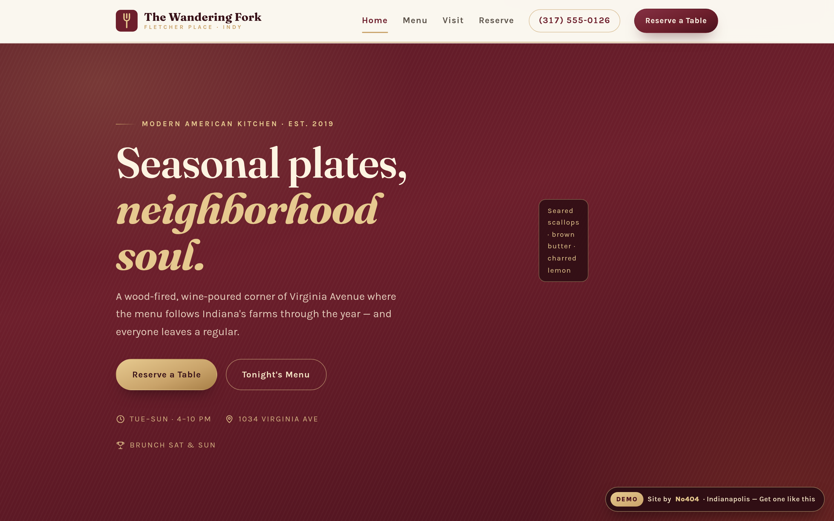 Indianapolis restaurant website demo with phone-friendly menu, hours, photos, and reservation links