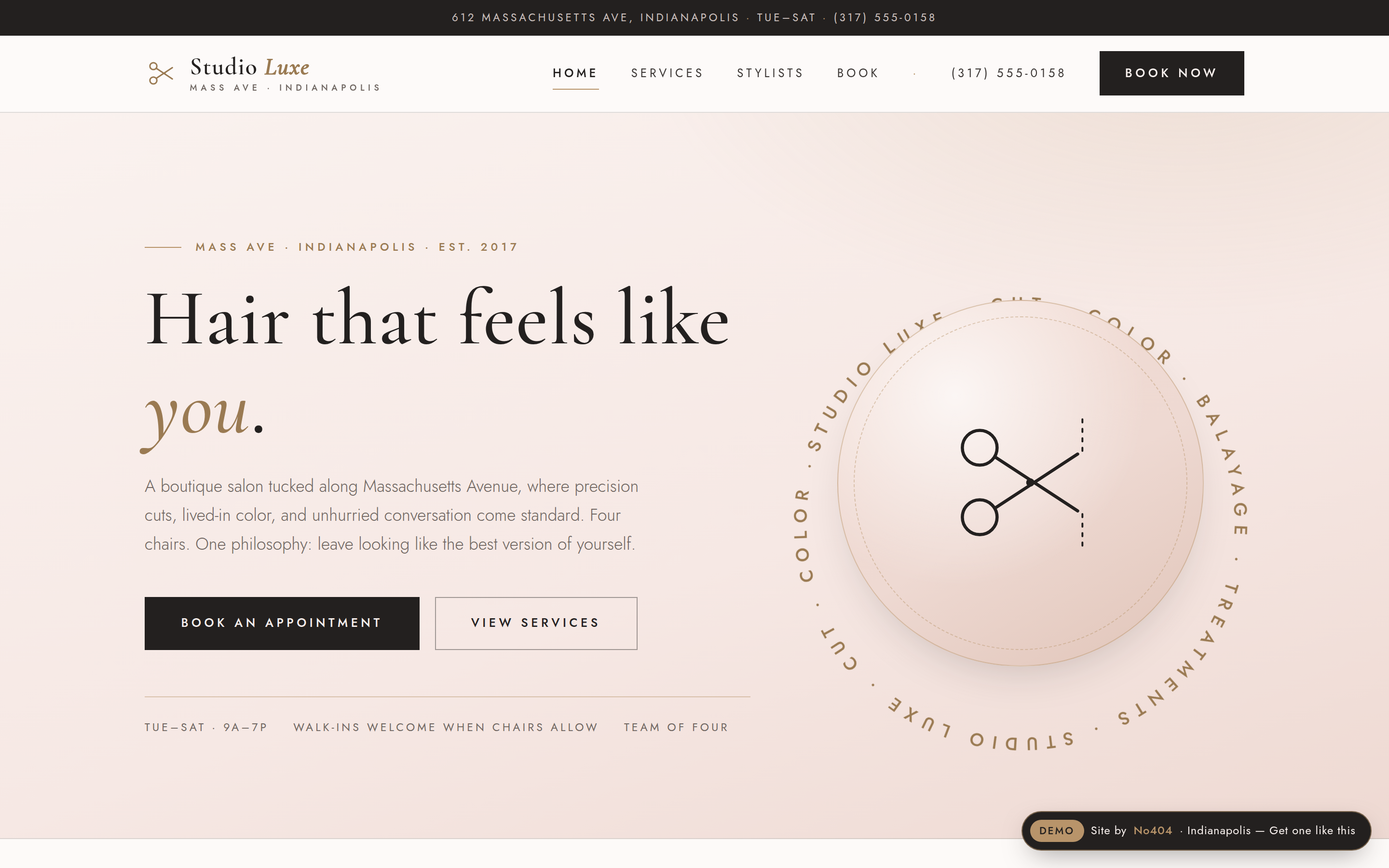 Indianapolis salon website demo with online booking, price list, and stylist pages