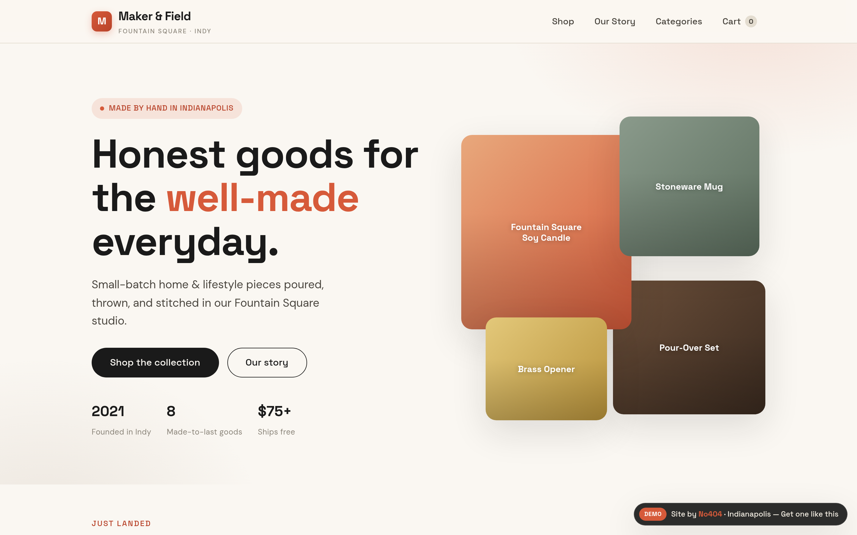 Indianapolis e-commerce online store demo with product catalog, cart, and checkout