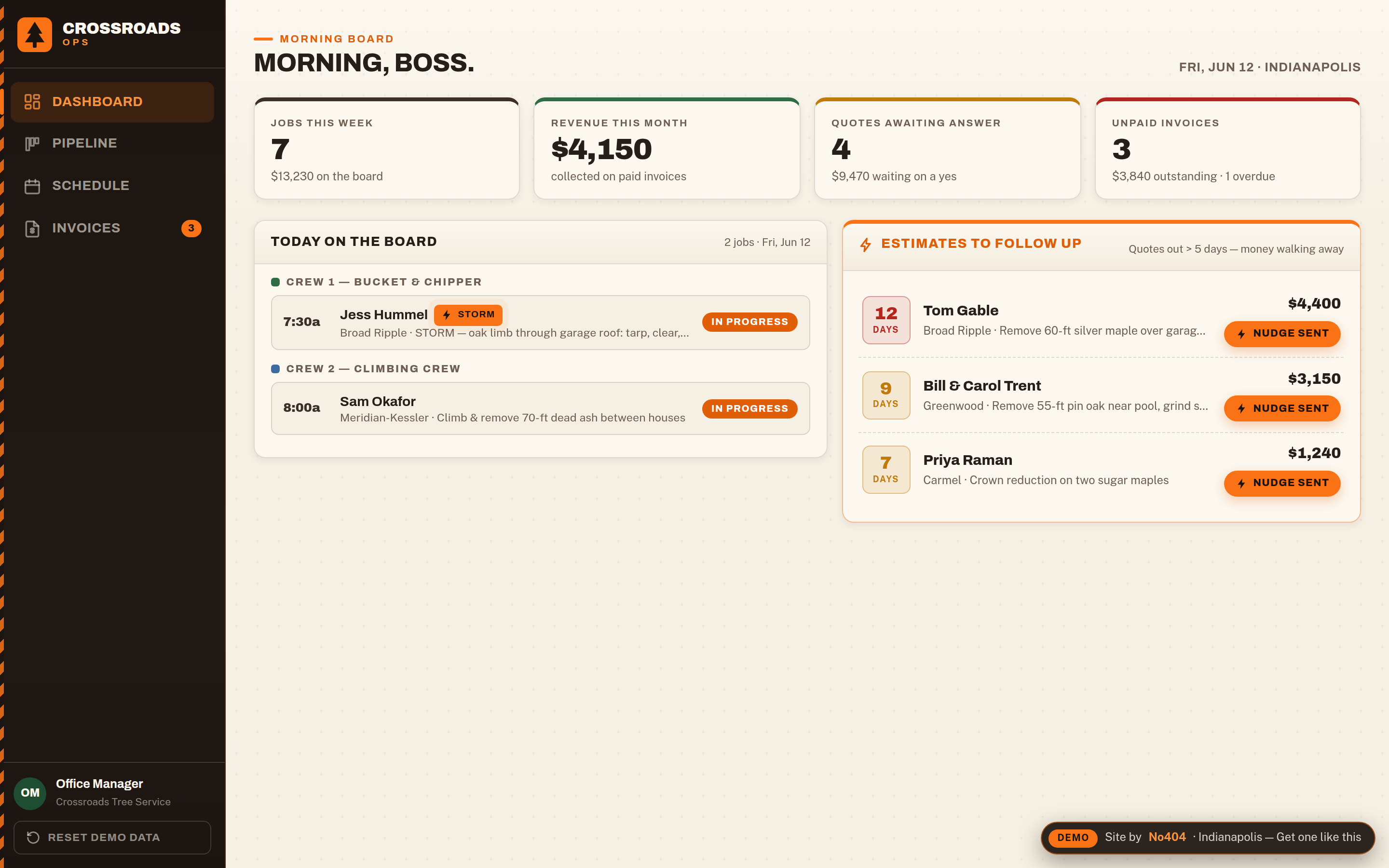 Custom crew and job-management software for an Indianapolis tree service: estimate pipeline, crew schedule, and invoicing