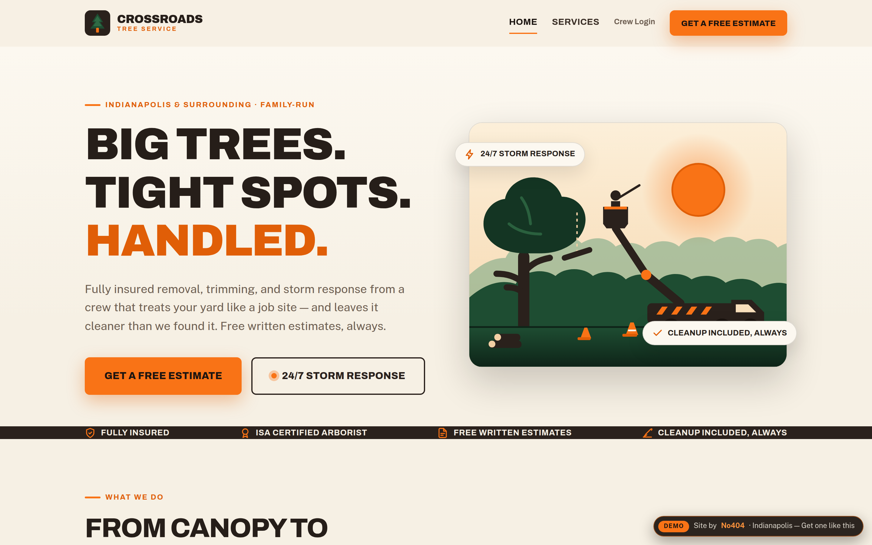 Indianapolis tree service website demo with photo-based estimate requests, storm work tap-to-call, and service-area pages